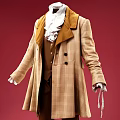 Vintage Plaid Long Coat Outfit with Vest Shirt Bow Tie Brown Pants on Red Background