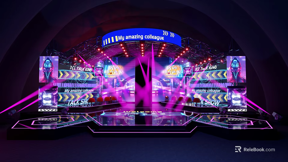 Dynamic Stage Design Featuring Purple Lighting LED Screens And Blue Amazing Collage Banner 3d model 