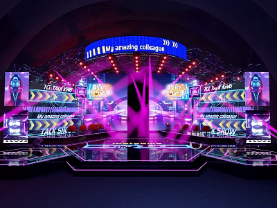 Dynamic Stage Design Featuring Purple Lighting LED Screens And Blue Amazing Collage Banner 3d model