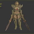 Fantasy Woman Warrior In Ornate Armor Holding Two Red Glowing Swords