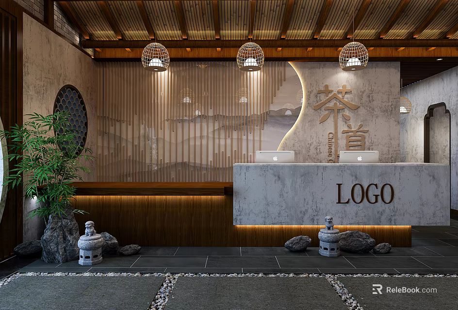 Chinese Style Hotel Lobby With Wooden Ceiling Pendant Lights Landscape Backdrop And Stone Reception Desk 3d model 