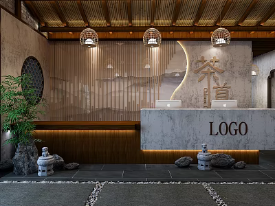 Chinese Style Hotel Lobby With Wooden Ceiling Pendant Lights Landscape Backdrop And Stone Reception Desk 3d model
