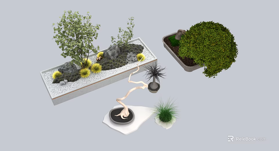 Decorative Plant Combinations with Shrubs Small Plants and Stones in Rectangular Planters 3d model