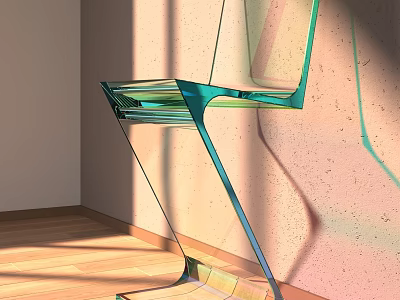 Modern Transparent Teal Curved Single Chair On Wooden Floor With Light Shadow 3d model