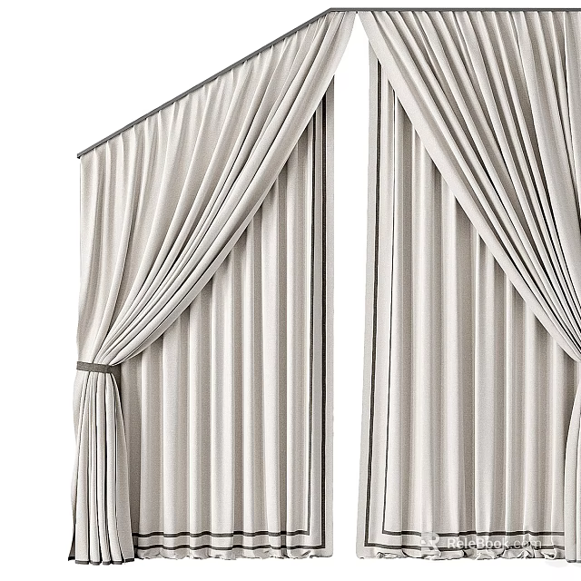 Elegant Modern Beige Linen Curtains With Pleated Design And Tiebacks For Home Interior 3d model 