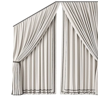 Elegant Modern Beige Linen Curtains With Pleated Design And Tiebacks For Home Interior 3d model