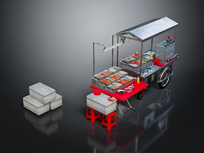 Mobile Commercial Food Cart Equipment With Display Trays Metal Roof Wheels And Red Stools 3d model