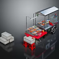 Mobile Commercial Food Cart Equipment With Display Trays Metal Roof Wheels And Red Stools