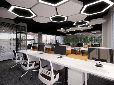 Modern Public Office Space With Hexagonal Ceiling Lights White Desks And Computers 3d model