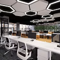 Modern Public Office Space With Hexagonal Ceiling Lights White Desks And Computers 3d model