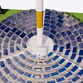 Industrial Tower Surrounded By Solar Panels Trees Power Lines And Buildings