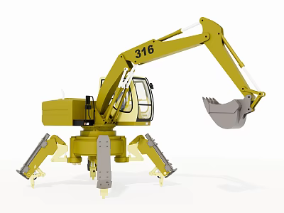 Yellow Functional Excavator 316 With Spider Like Legs And Front Bucket 3d model