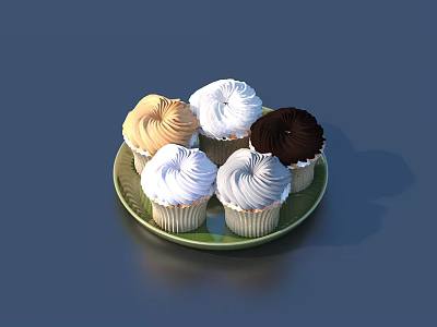 Delicious Assorted Cupcakes With Various Frosting Colors Served On Green Plate 3d model