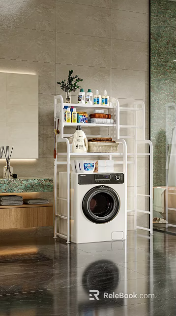 Decorative Accessory Set For Bathroom With White Storage Rack Washing Machine Towels And Toiletries 3d model 