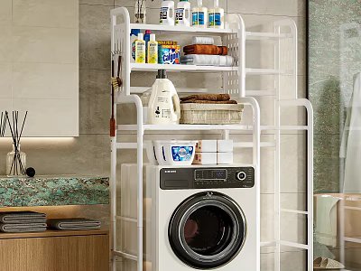 Decorative Accessory Set For Bathroom With White Storage Rack Washing Machine Towels And Toiletries 3d model