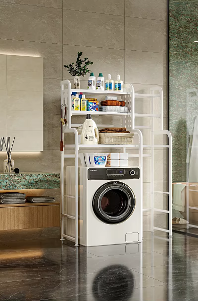 Decorative Accessory Set For Bathroom With White Storage Rack Washing Machine Towels And Toiletries 3d model