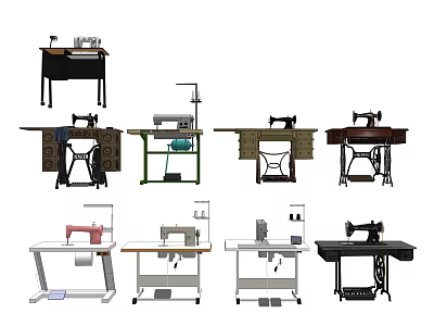 Industrial Sewing Machines With Various Designs On Worktables For Workshop Use 3d model