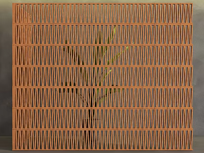 Modern Wooden Room Divider With Grid Design And Green Plant Behind 3d model