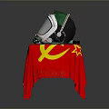 White and Green Helmet with Transparent Visor on Red Tablecloth with Yellow Hammer Sickle Symbol
