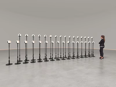 Art Installation With Neatly Arranged Black Bases Silver Spherical Tops Woman In Gray Space 3d model