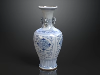 Traditional Blue And White Ceramic Vase With Double Ear Design And Floral Patterns 3d model