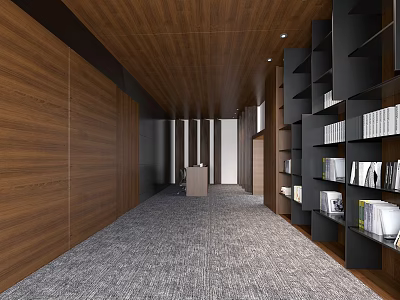 Modern Office Corridor Interior With Wooden Walls Bookshelves Carpeted Floor And Desk 3d model