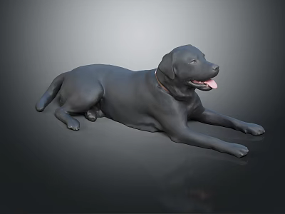 Black Labrador Dog Lying Down With Collar And Tongue Out On Dark Shiny Surface 3d model