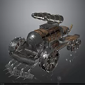 Steampunk Vehicle With Metal And Wooden Structure Front Spikes Multiple Cannons On Top Metallic Wheels