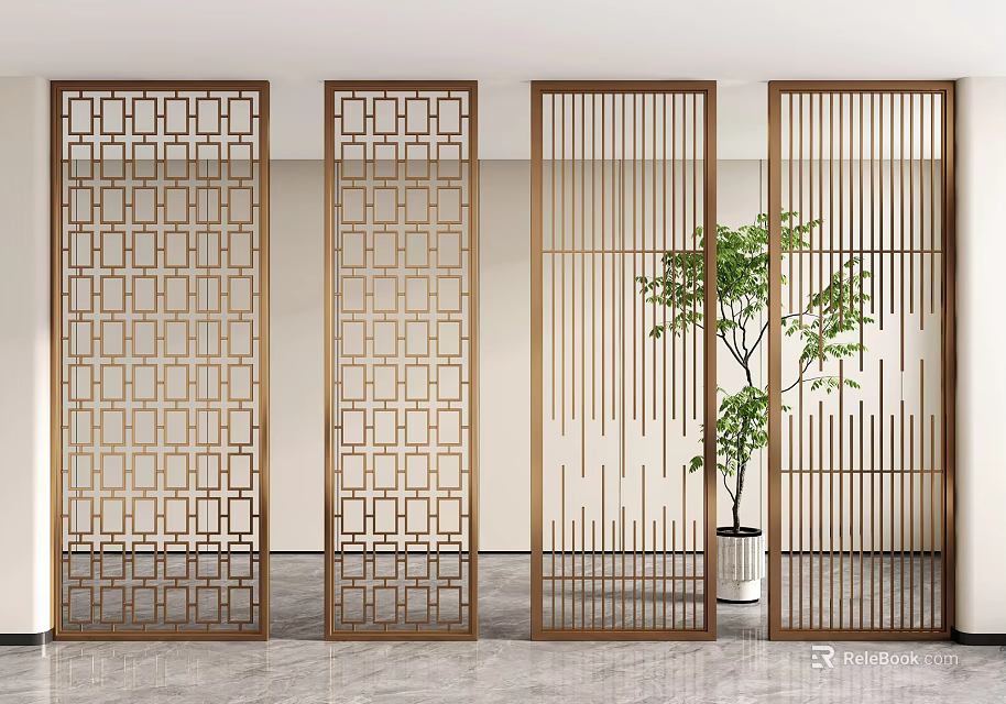 Modern Gold Frame Room Dividers With Geometric Cutouts Vertical Slats And Indoor Plant 3d model 
