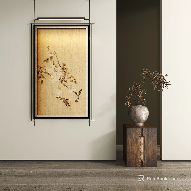 Abstract Painting Hanging on Wall with Decorative Vase and Wooden Cabinet in Interior Setting 3d model 