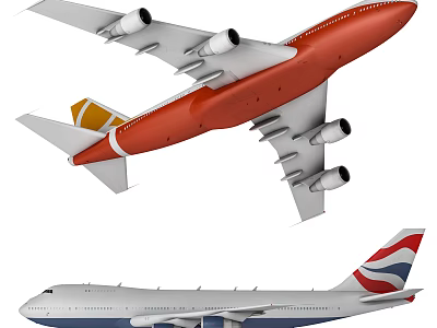 Orange And White Passenger Airplane With Yellow Tail And Blue White Jetliner With Red Accents 3d model