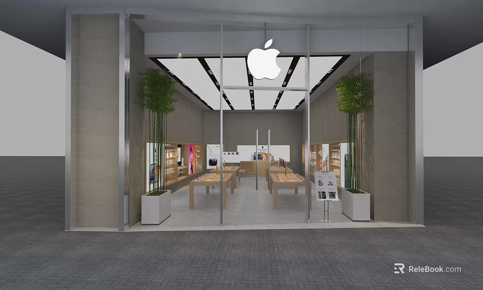 Apple Retail Store With Glass Front Display Tables Green Plants And Modern Interior 3d model 