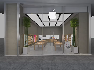 Apple Retail Store With Glass Front Display Tables Green Plants And Modern Interior 3d model