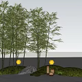Lush Bamboo Grove Scene With Green Hillside Stone And Calm Water Reflection