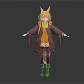 3D Anime Style Game And Movie Character With Orange Hair Antler Headpiece And Gray Coat