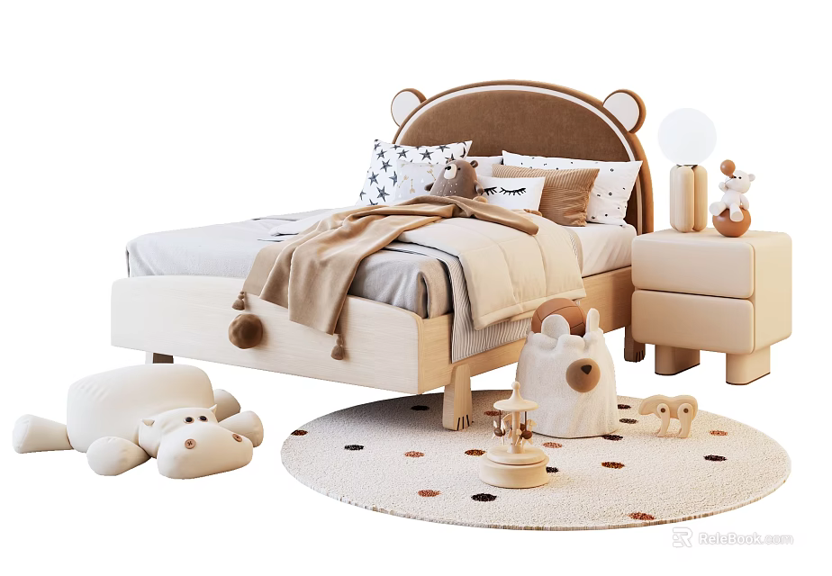 Cute Kids Bed With Bear Ear Headboard Pillows Blanket Nightstand And Playful Rug 3d model 