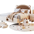 Cute Kids Bed With Bear Ear Headboard Pillows Blanket Nightstand And Playful Rug