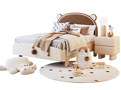 Cute Kids Bed With Bear Ear Headboard Pillows Blanket Nightstand And Playful Rug 3d model