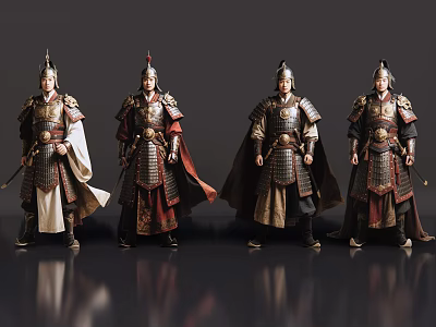 Four Men in Ancient Decorative Armor With Varied Colors Standing in a Row 3d model