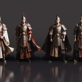 Four Men in Ancient Decorative Armor With Varied Colors Standing in a Row