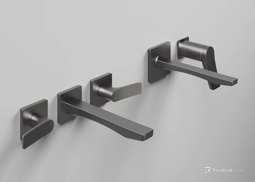 Three Black Modern Minimalist Faucets Mounted on Gray Wall Surface Design 3d model 