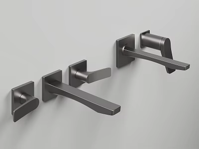 Three Black Modern Minimalist Faucets Mounted on Gray Wall Surface Design 3d model