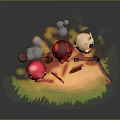 Three Cute Pig Toys With Pink Red White Colors On Grass Field And Wooden Fence