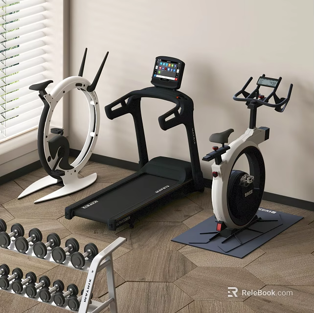 Modern Home Fitness Equipment Setup With Treadmill Exercise Bike And Dumbbells 3d model 
