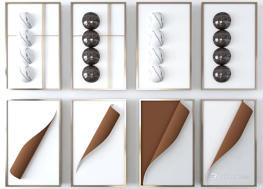 Modern Framed Wall Decor Pieces With Marble Patterns Black Spheres And Brown Rolled Elements 3d model