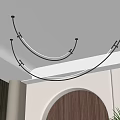 Modern Curved Chandelier In Contemporary Interior With Wooden Wall Archway And Green Plant