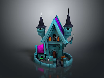 Gothic Style Cartoon Haunted House With Pointed Towers Purple Blue Roofs And Decorative Windows 3d model
