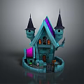 Gothic Style Cartoon Haunted House With Pointed Towers Purple Blue Roofs And Decorative Windows