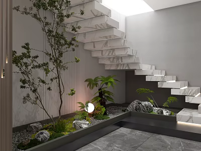 Basement Interior Design With Marble Staircase Indoor Plants Natural Rocks And Greenery 3d model
