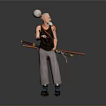 Elderly Man With White Hair Wearing Sleeveless Shirt Gray Pants Blue Shoes Holding Long Pole